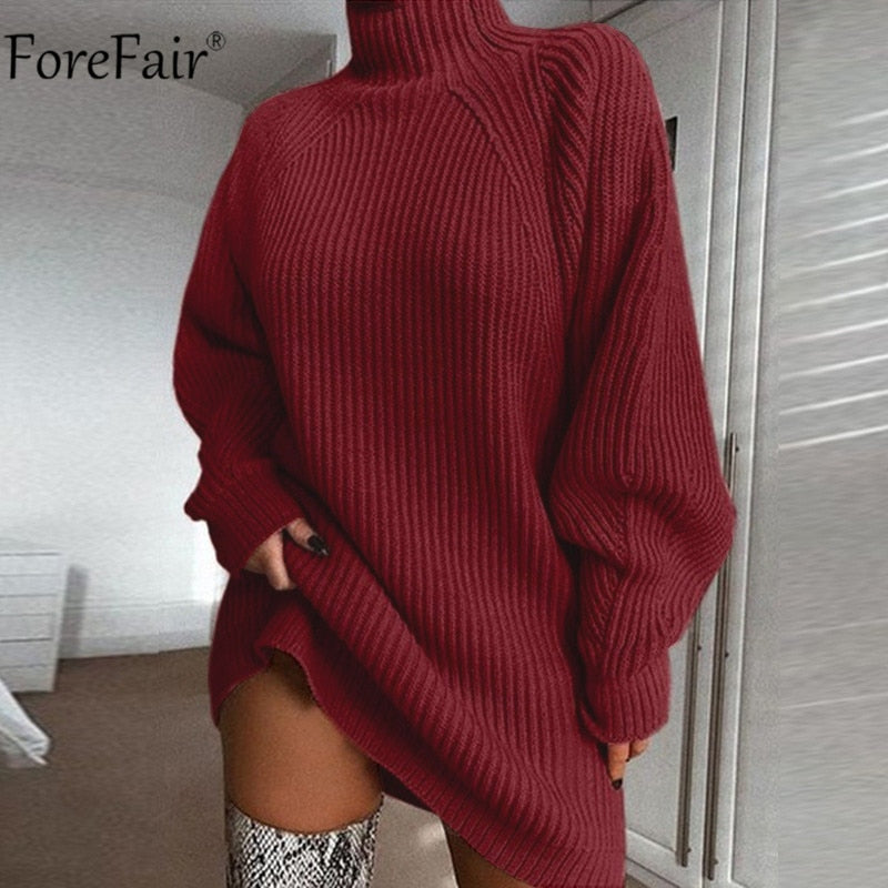 Turtleneck Long Sleeve Sweater Dress Women Autumn Winter Loose Tunic Knitted Casual Pink Gray Clothes Solid Dresses
