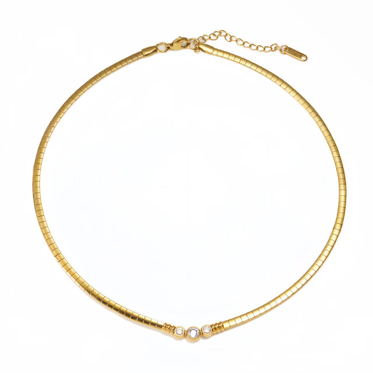 This Fashionable Titanium Steel Necklace Features A Flat Snake-chain Design Adorned With Diamond Accents