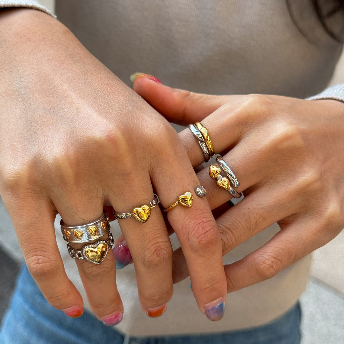 Stainless Steel Heart-Shaped Gold And Silver Two-Tone Ring A Romantic Color-Blocked Gift For Him Or Her