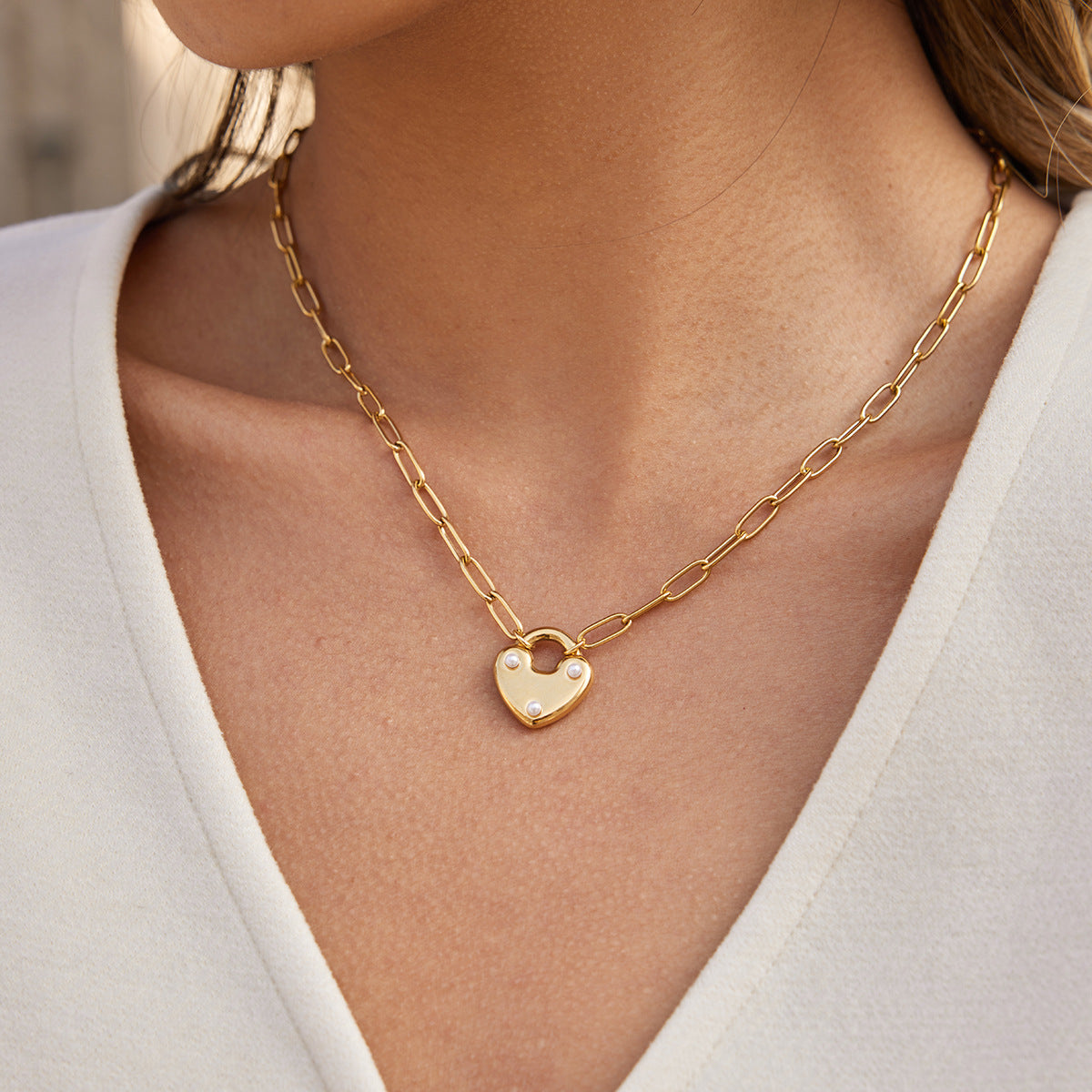 18K Stainless Steel Heart Key Lock Pendant Necklace For Women