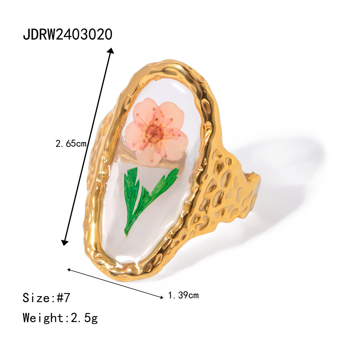 Stainless Steel Round Preserved Flower Orange Ring
