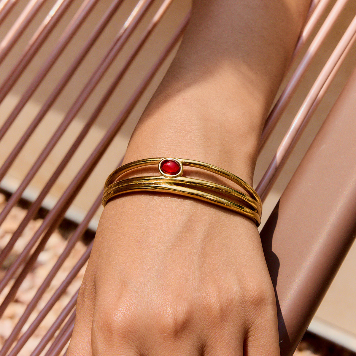Stainless Steel Three-layer Open Bracelet With Red Natural Stone Carving