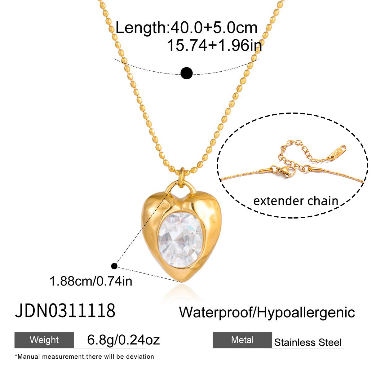 Stainless Steel Egg-Shaped Zircon Heart Necklace For Women