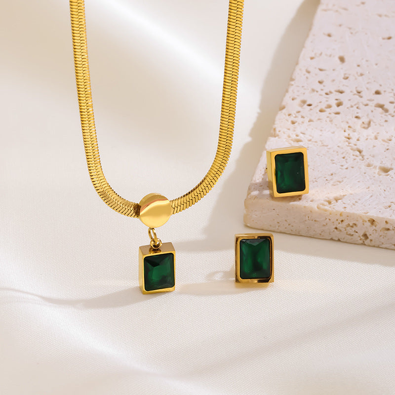 Green Square Zircon Pendant Snake Chain Fashion Retro Earring Set