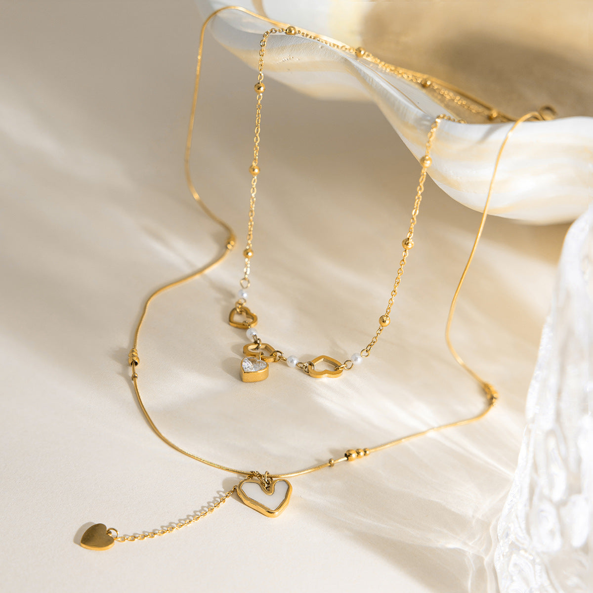 Womens Double-Layer Shell And Zircon Necklace For Layering