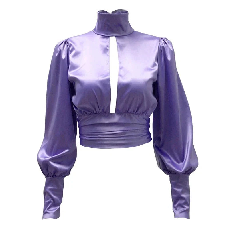 Liz Turtleneck Backless Cropped Satin Blouse