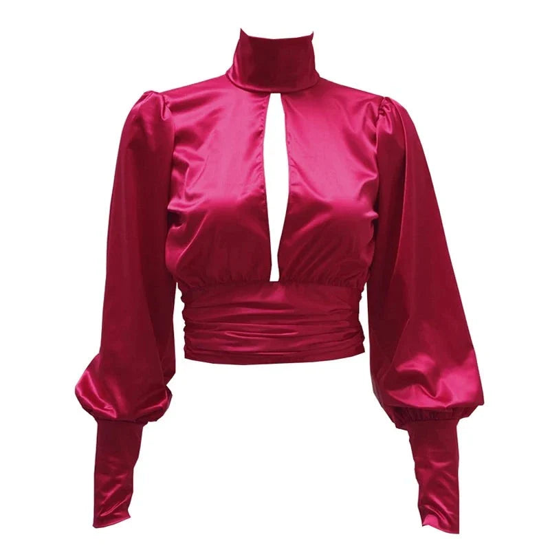 Liz Turtleneck Backless Cropped Satin Blouse