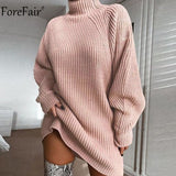 Turtleneck Long Sleeve Sweater Dress Women Autumn Winter Loose Tunic Knitted Casual Pink Gray Clothes Solid Dresses