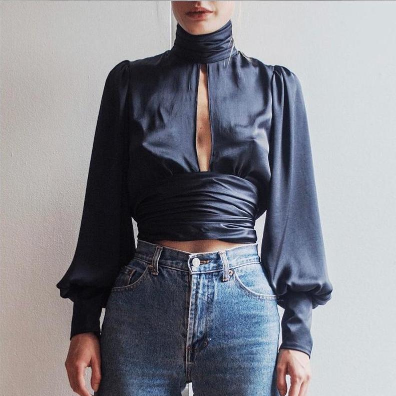 Liz Turtleneck Backless Cropped Satin Blouse watereverysunday