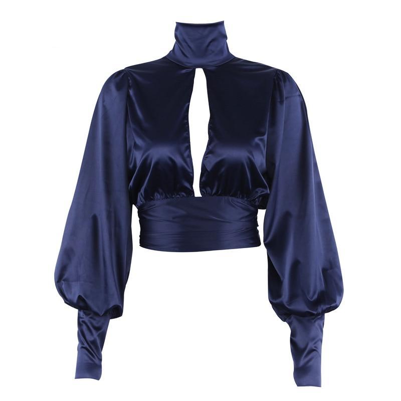 Liz Turtleneck Backless Cropped Satin Blouse