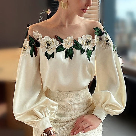 Moria Floral Embroidery Sheer Neck Blouse watereverysunday