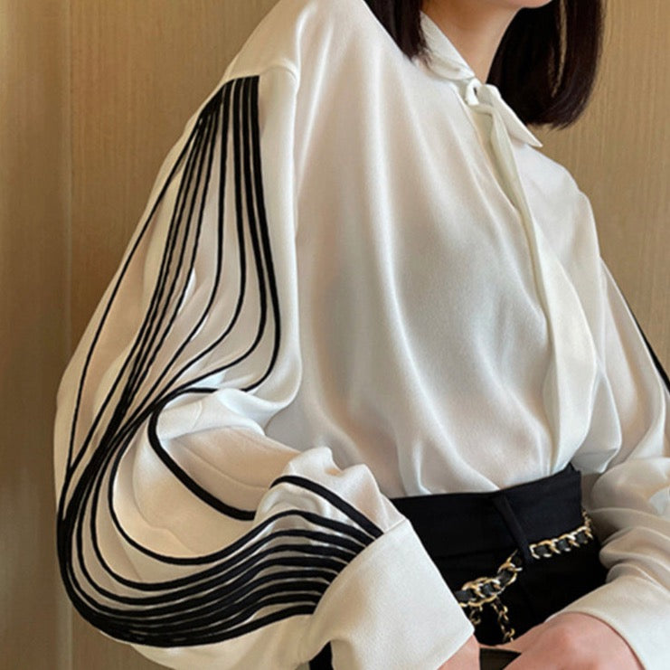 Nami Lantern Sleeve Blouse with Color Contrast Pleats watereverysunday