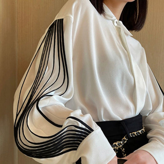 Nami Lantern Sleeve Blouse with Color Contrast Pleats watereverysunday