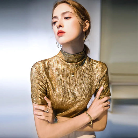 Noemie Crinkle Gold Short Sleeve Turtleneck Top watereverysunday